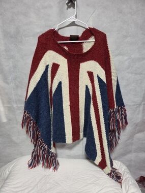 Striped Fringed Knit Poncho Sweater - Red, Navy & Cream